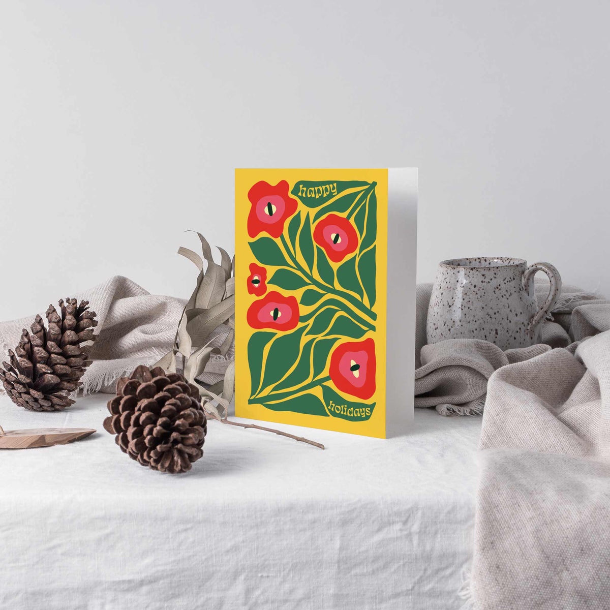 Card set with six designs, four cards each, showing large stylized flowers in bright solid colors.