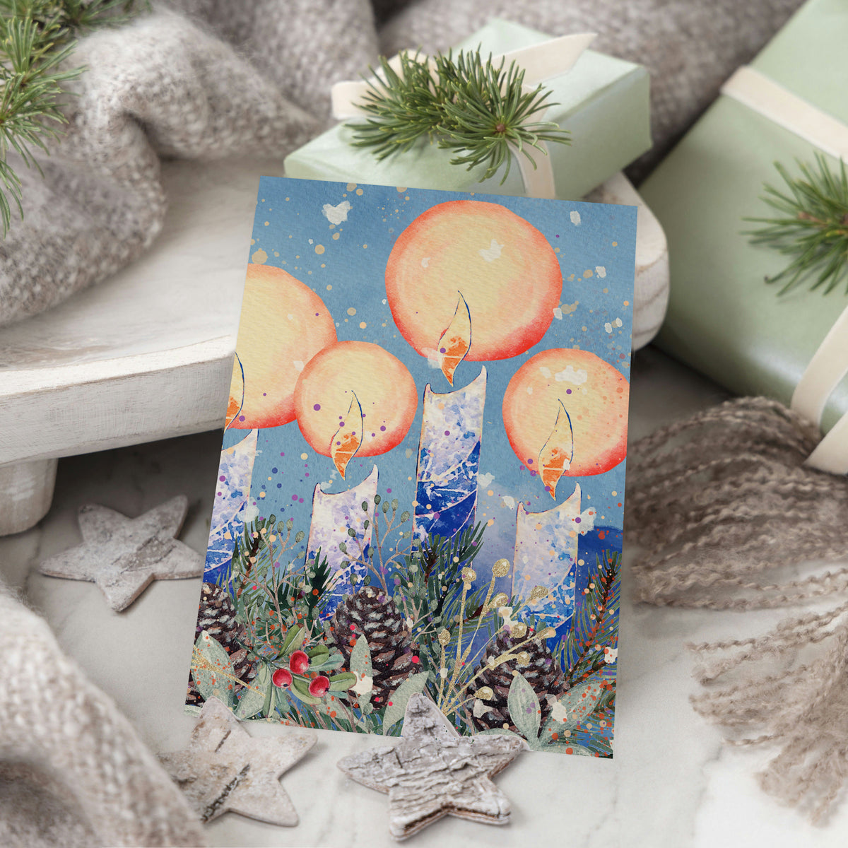 Watercolor Christmas card set with Mary, Joseph, baby Jesus, and comet designs across 12 styles.
