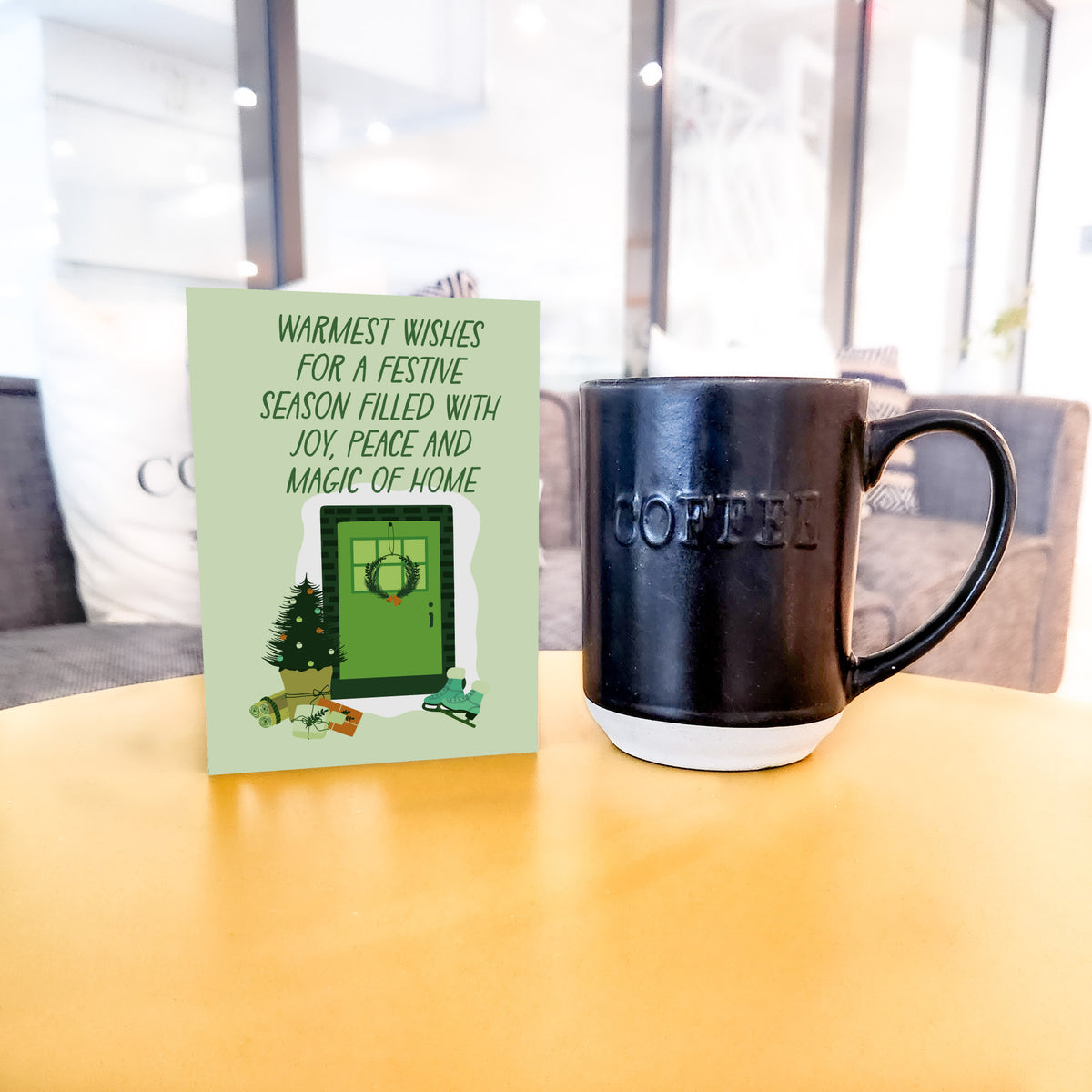 Green-palette holiday cards with flat illustrations and all-caps brush-lettered new home messages.