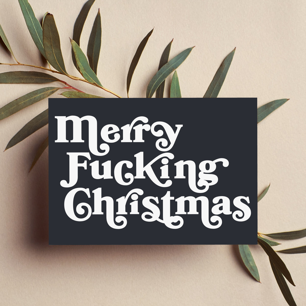 White heavy serif lettering on near-black card stock, reading "Merry Fucking Christmas" and "Happy Fucking Holidays."