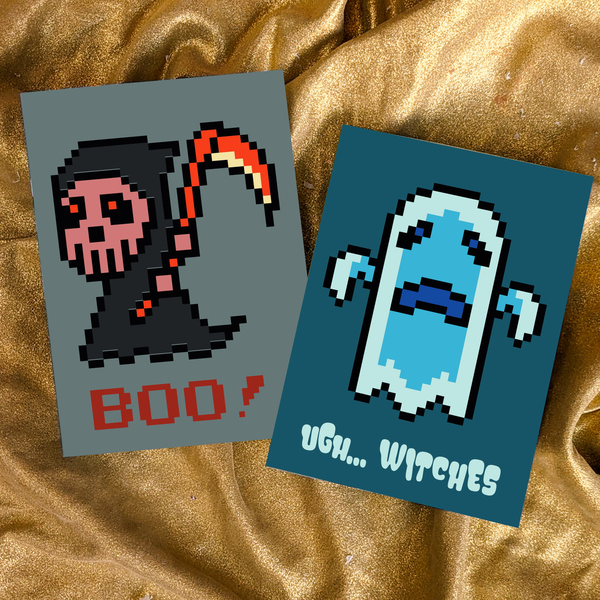 Four Halloween card designs with pixel-style fonts reading "BOO!," "UGH... WITCHES," "You're wicked cool," and "halloween moo