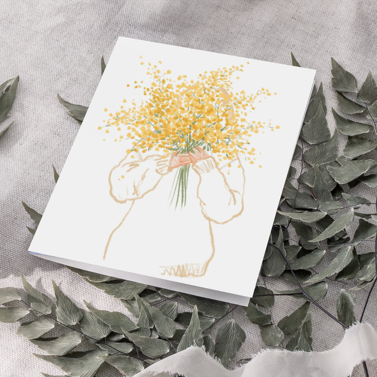 Pack of 24 blank cards with a hand-drawn floral illustration in yellow, green, and beige.