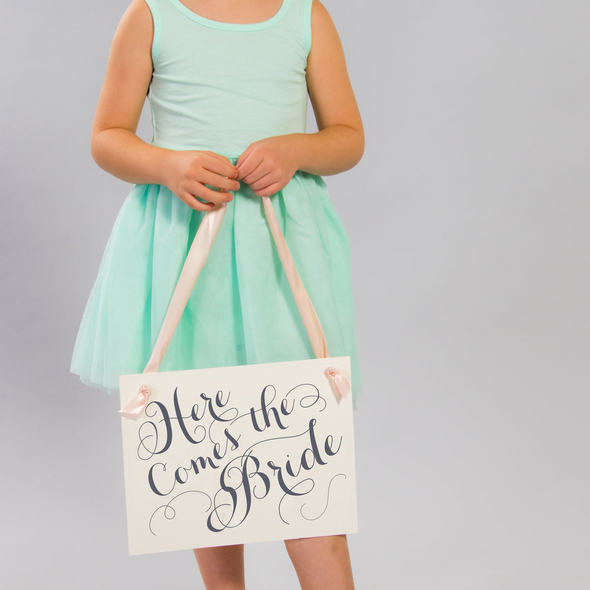 Here Comes the Bride Sign, Gray Script with Blush Pink Ribbon