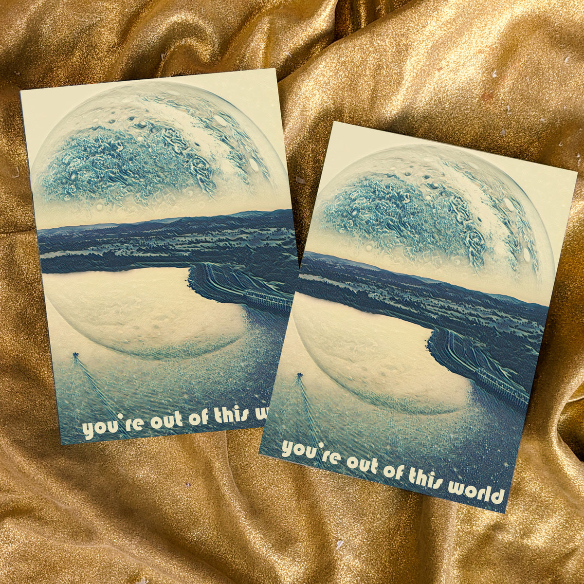 Card set with a full-bleed illustration of a pale spherical planet hovering over a reflective waterway.