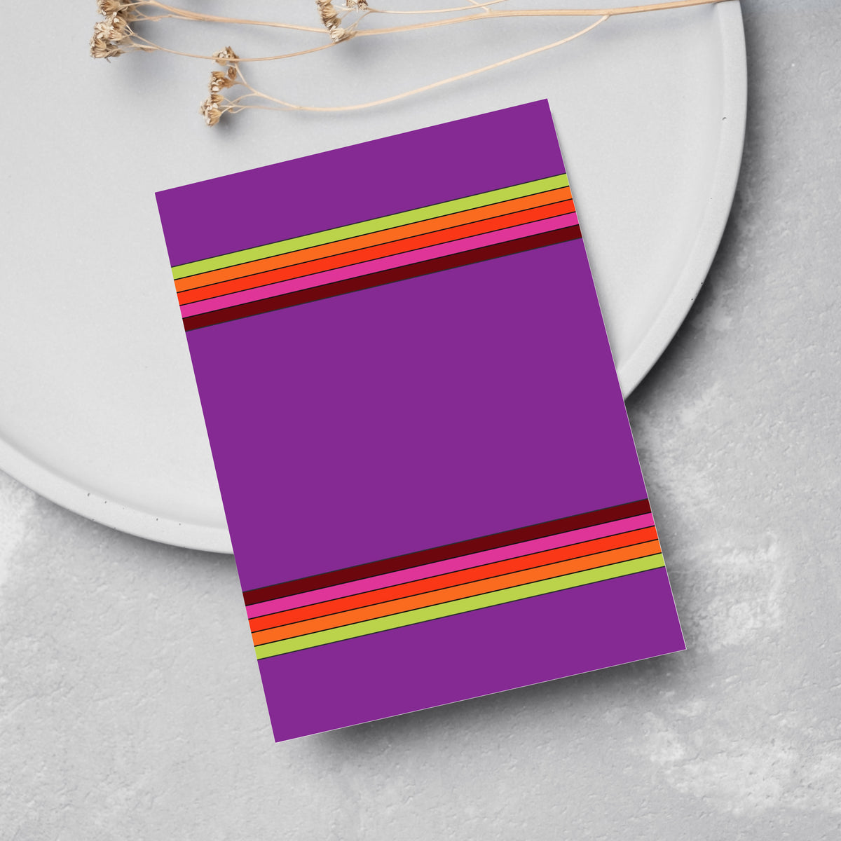 Four-design card set with flat graphic rainbow banding in hot pink, orange, yellow, chartreuse, and purple.