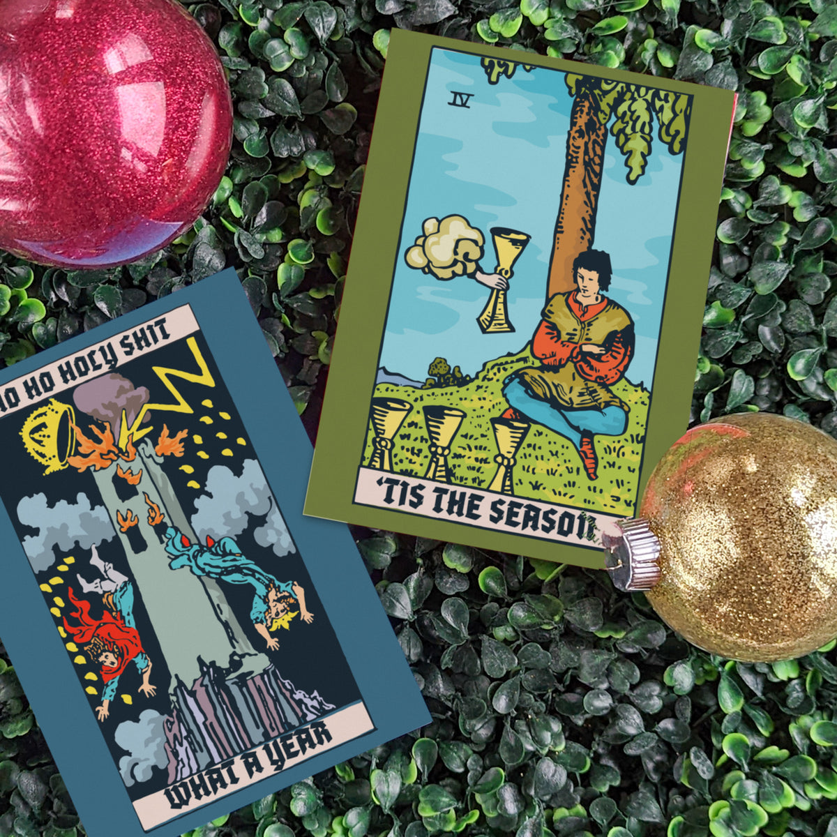 Card holiday set with colored borders in olive, teal, lime, orange, slate blue, and red framing tarot-style illustrations.