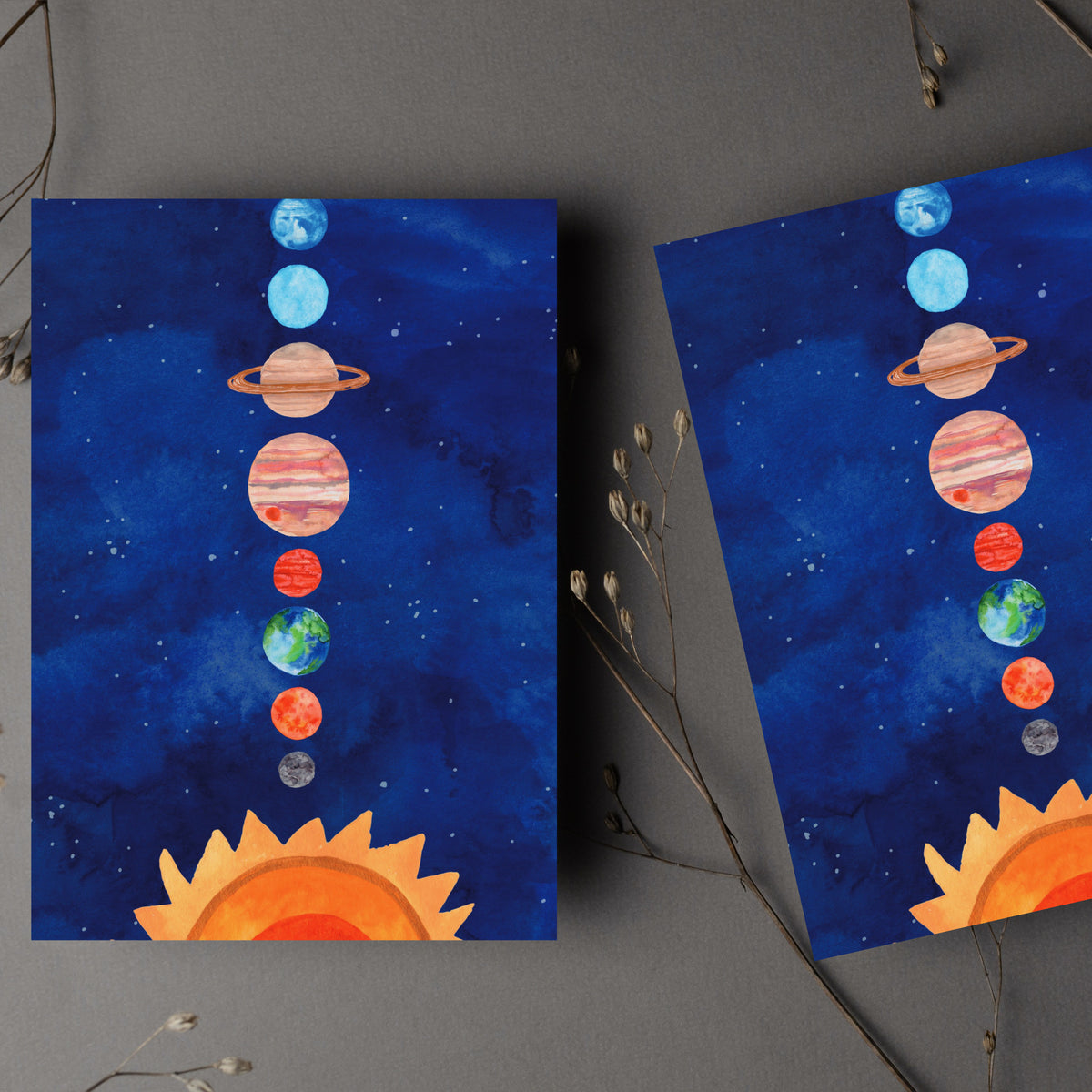 Watercolor solar system cards showing eight planets stacked in a centered column on a navy blue space background.