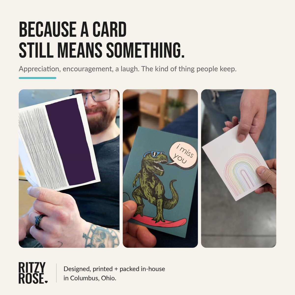 Ritzy Rose team packing and printing card orders in the Columbus, Ohio shop