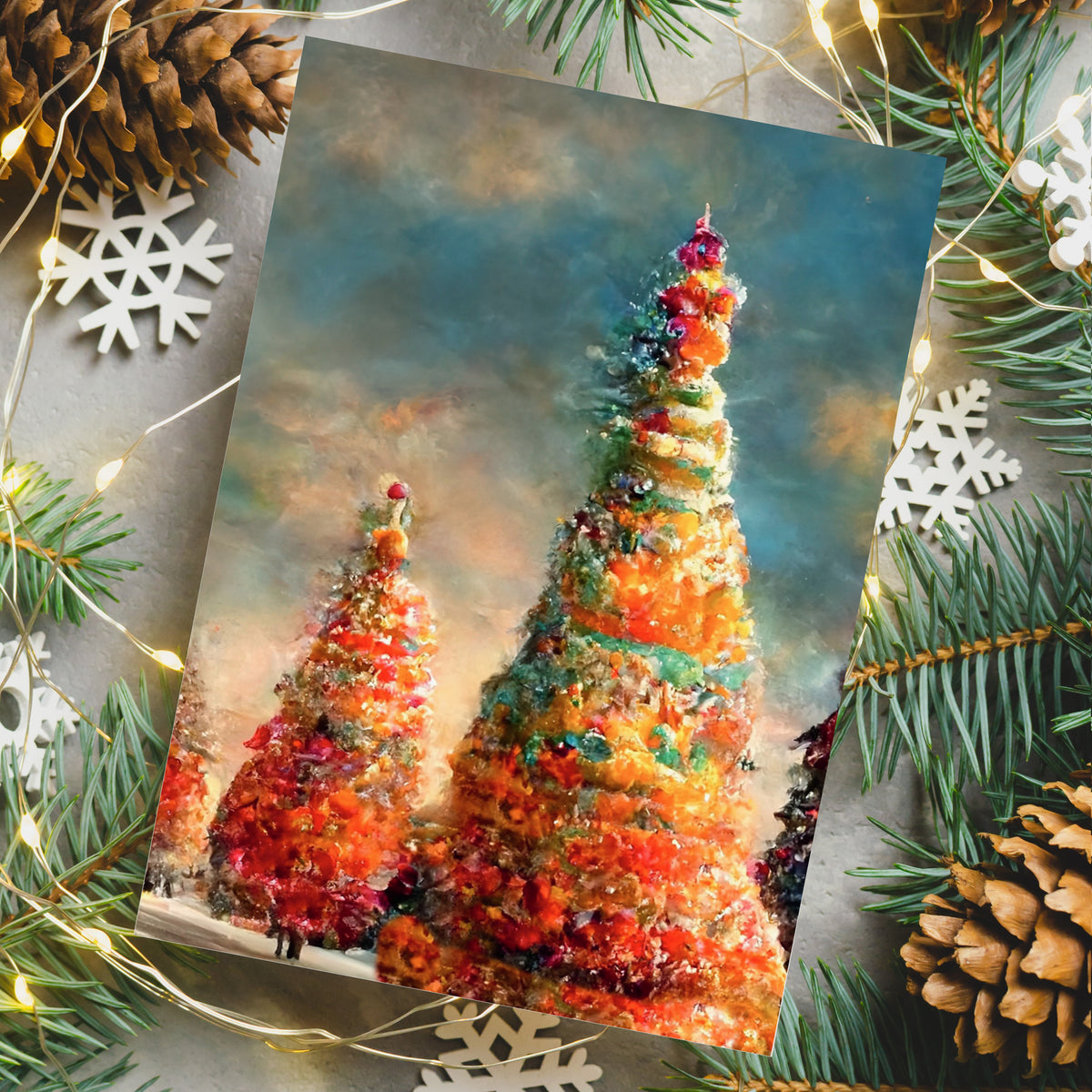 Four-design Christmas card set, 24 cards total, with conical trees in teal, red, orange, and gold.