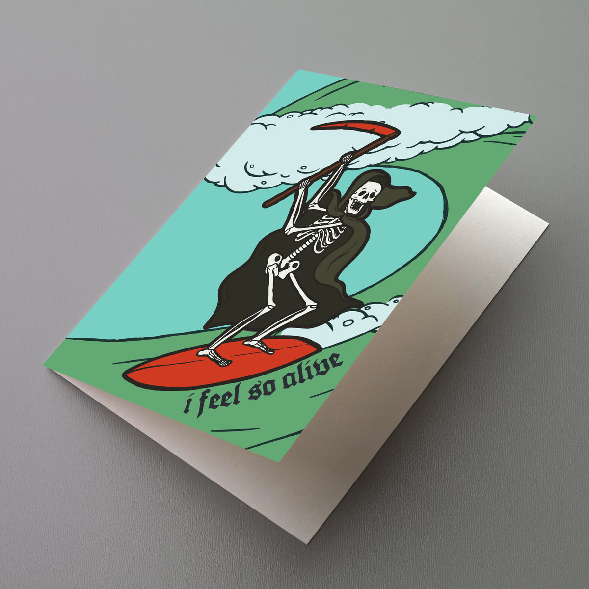 Set of 24 cards featuring a cartoon grim reaper surfing a teal wave on a red surfboard.