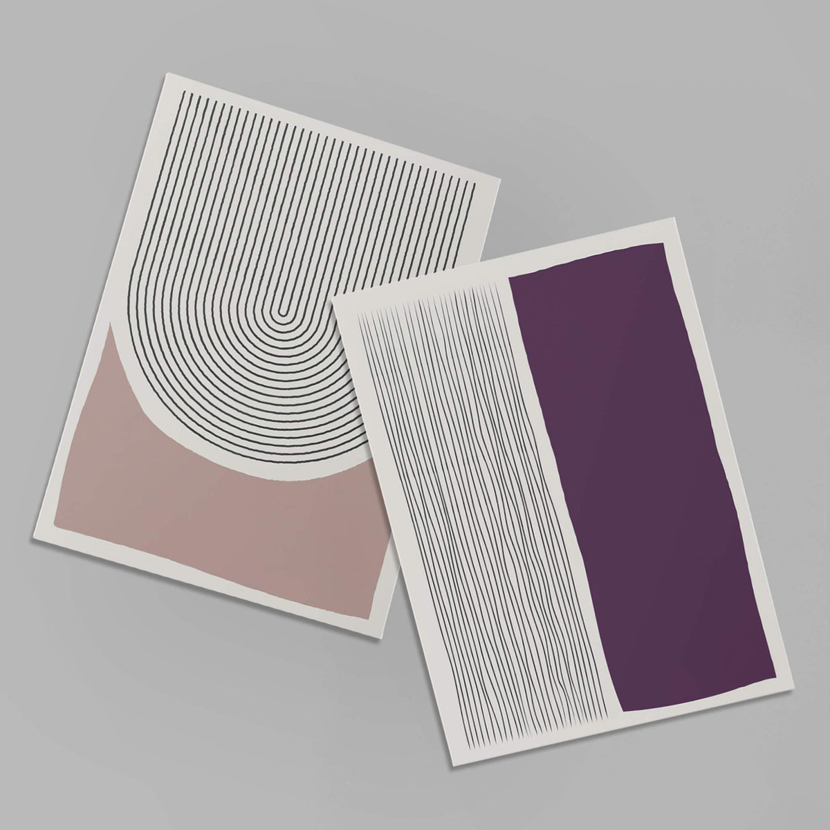 Four abstract geometric notecard designs combining color blocks and linework in neutral tones.