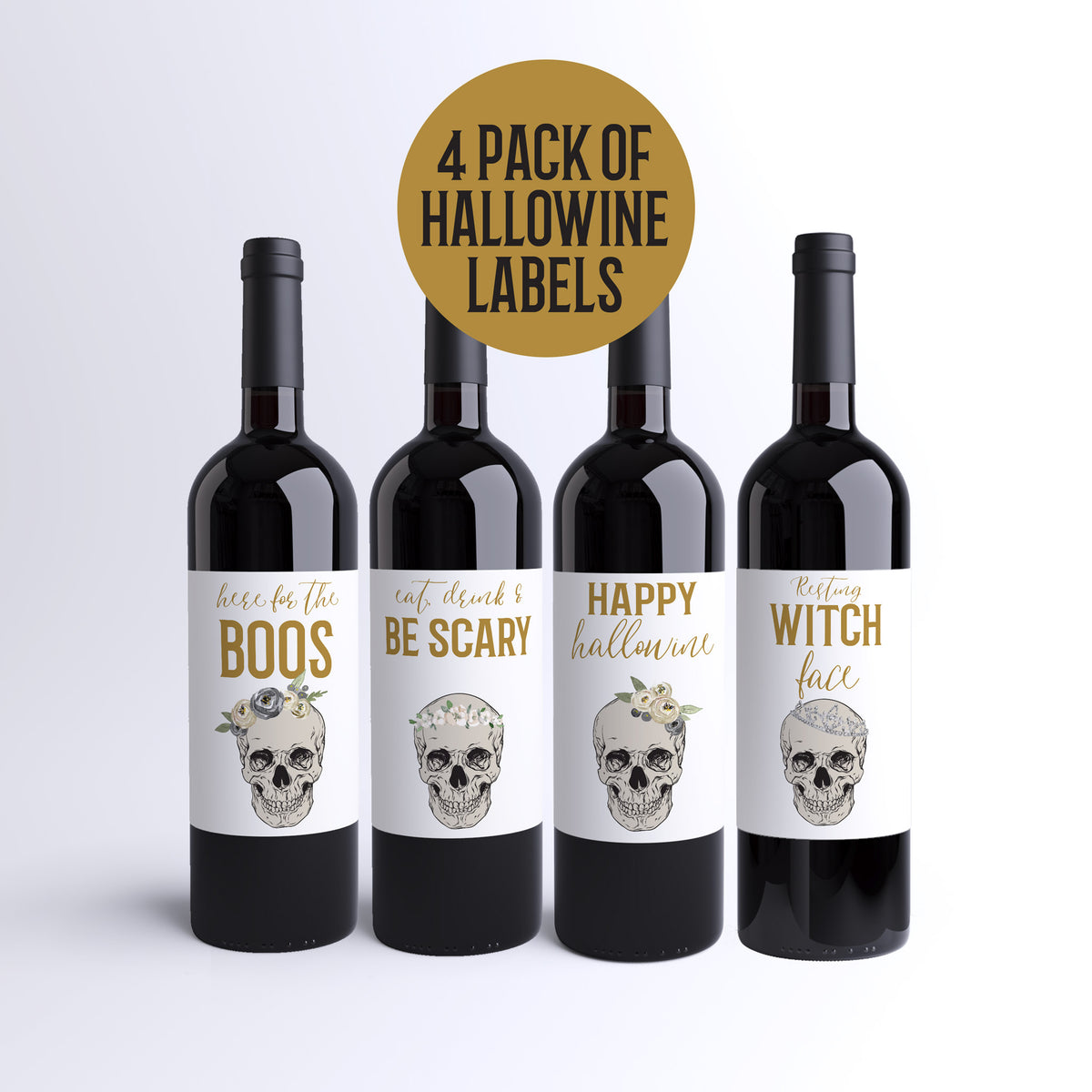 Boho Skull Halloween Wine Labels, Pack of 4