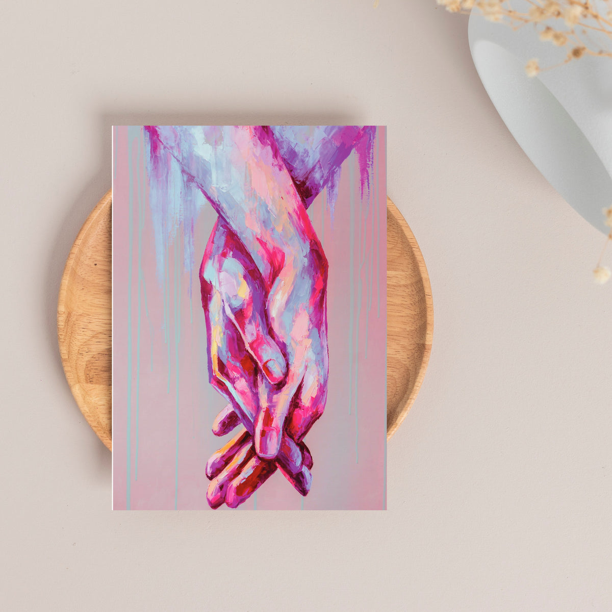 Identical encouragement cards with a portrait-format illustration of clasped hands over a dusty-rose and mauve background.