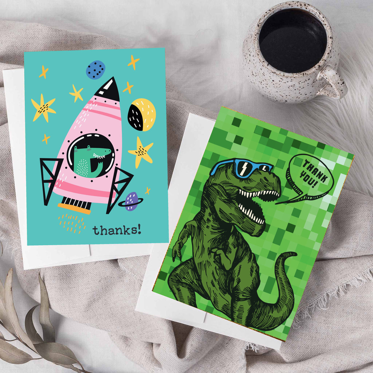 Illustrated thank-you cards with designs on yellow, black, orange, teal, pink, white, blue, and mustard yellow backgrounds.