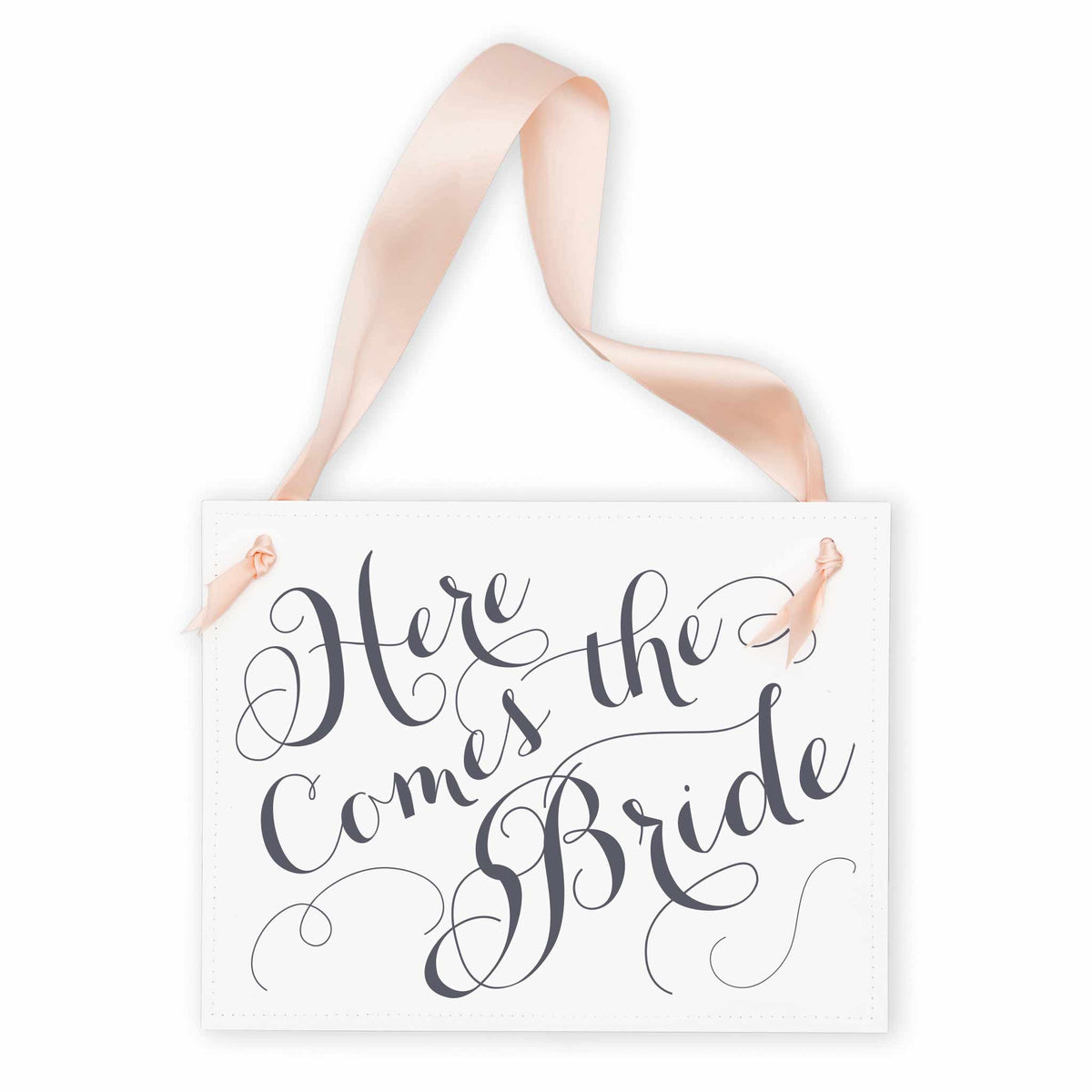 Here Comes the Bride Sign, Gray Script with Blush Pink Ribbon