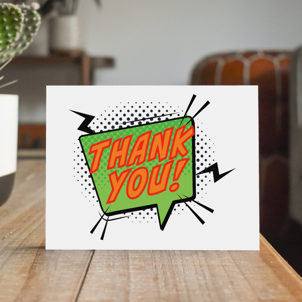Cards reading "THANK YOU!" and "THANKS!" in dimensional block lettering inside speech bubbles and jagged starburst shapes.