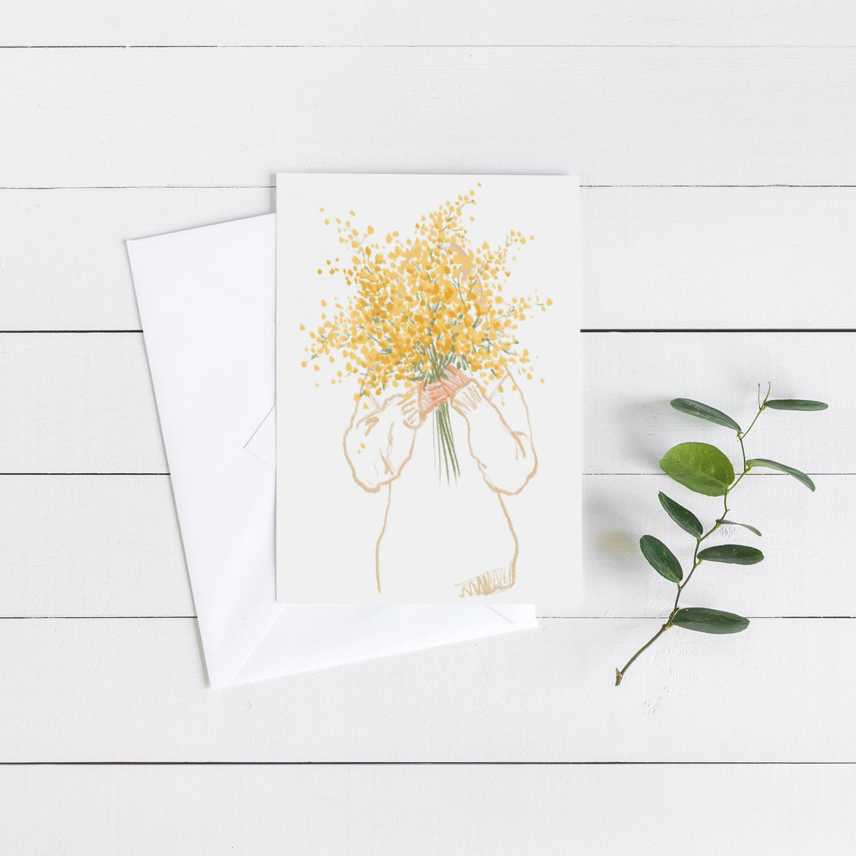 Botanical notecards featuring a line art drawing of a bouquet held by a standing figure.