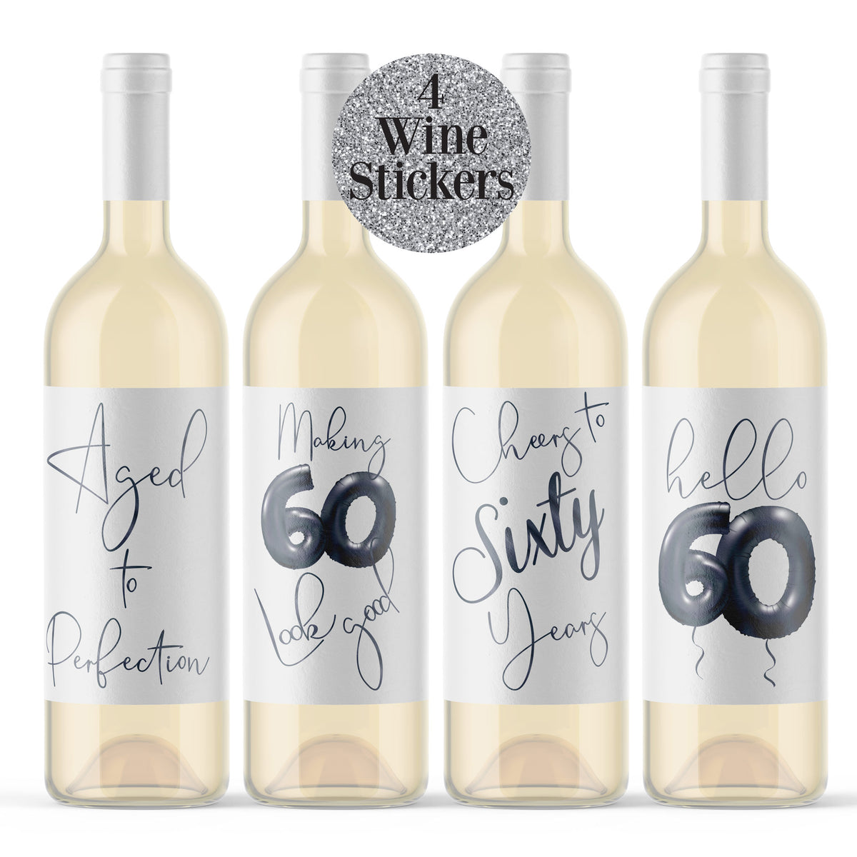Black Balloon 60th Birthday Wine Labels, Pack of 4