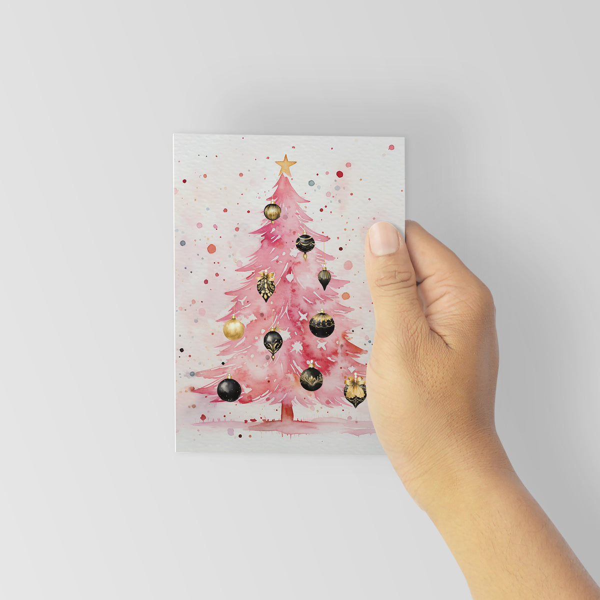 Pink Watercolor Christmas Tree Greeting Cards, Set of 24