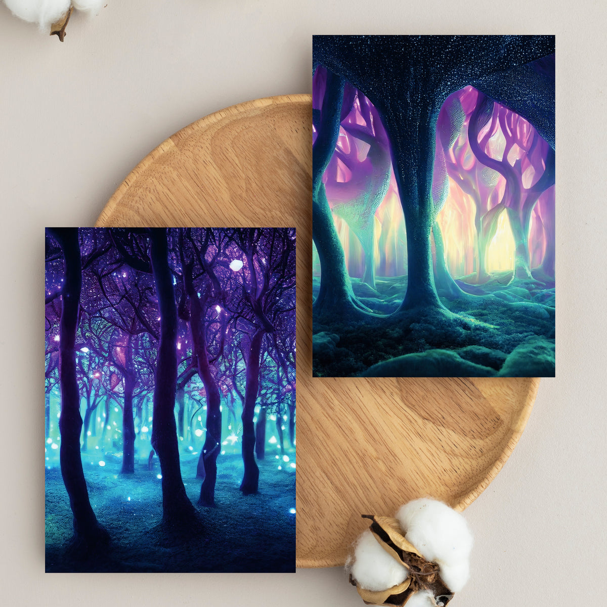 Six-design forest card collection, 24 total cards, painted-style illustrations on dark backgrounds.