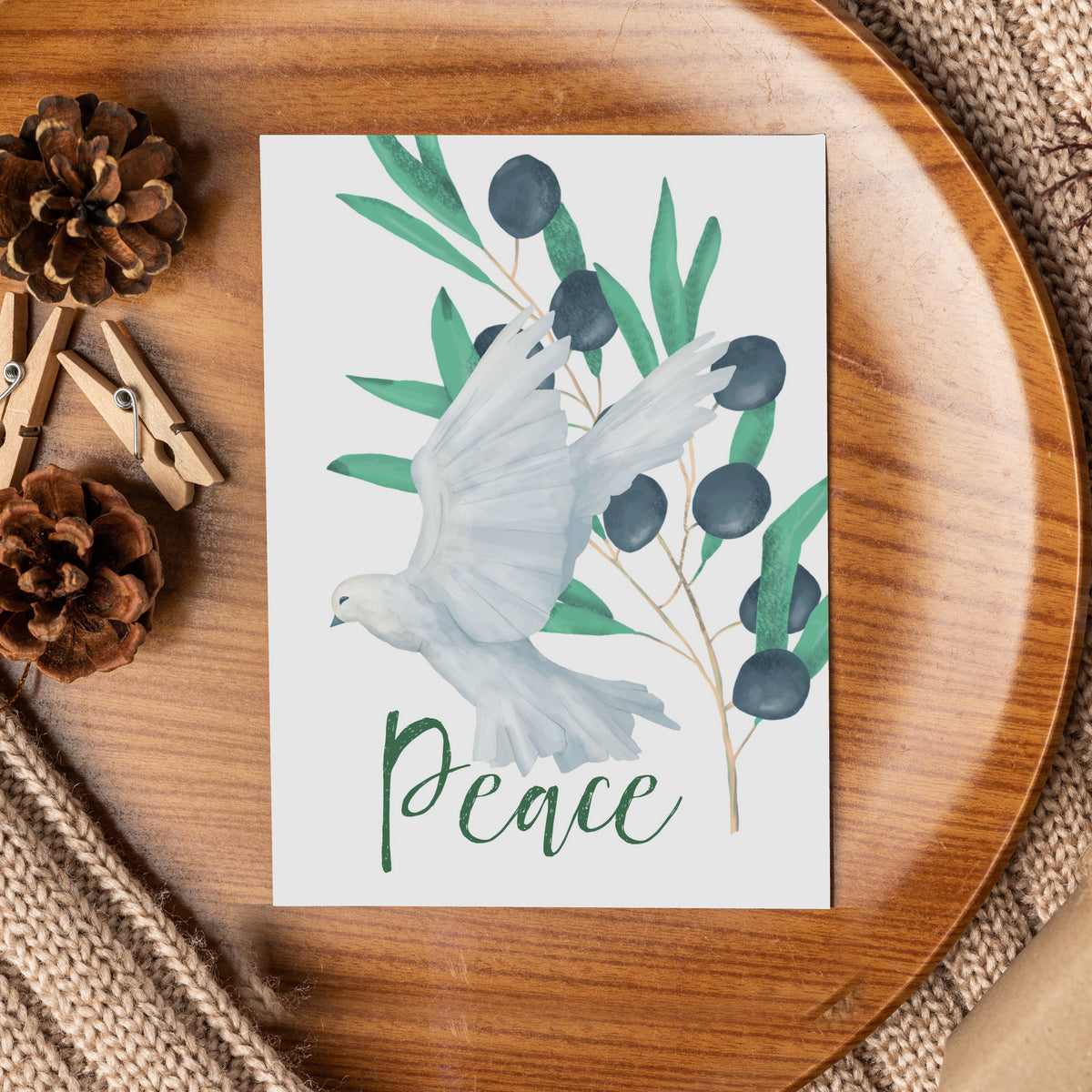 Holiday card set with dove motifs on white, sage green, black, and aqua grounds.