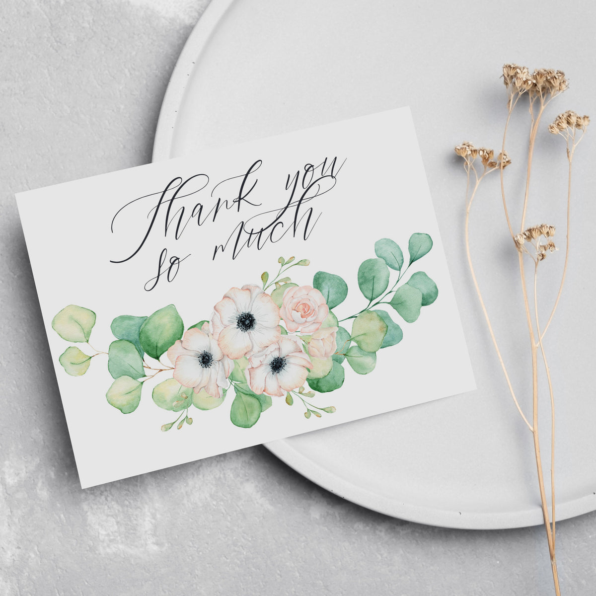 Thank you so much stationery set with blush pink floral and eucalyptus watercolor design.