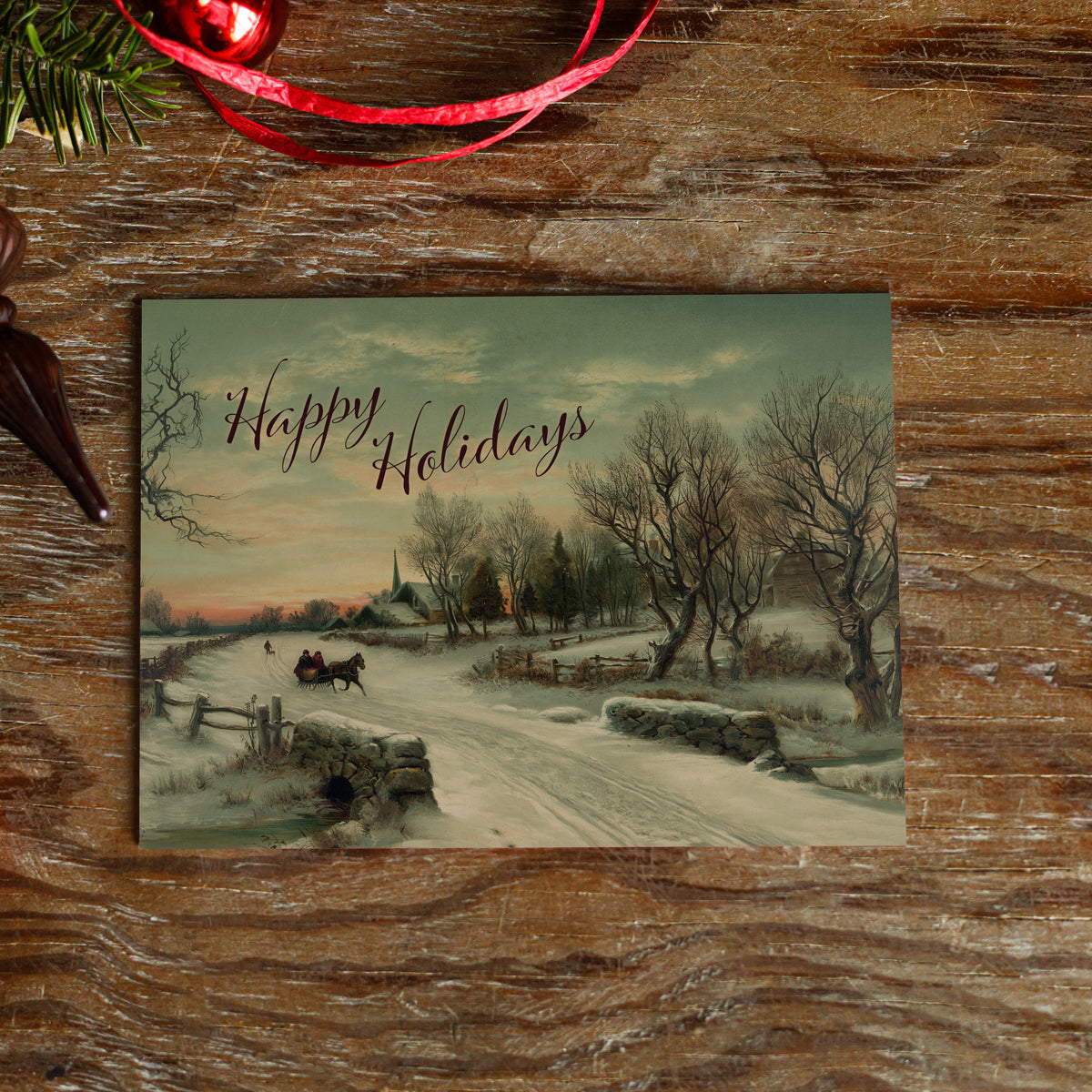 Horse-drawn sleigh on a snow-covered country road, stone culvert, rail fence, church in distance, gray-green sky.