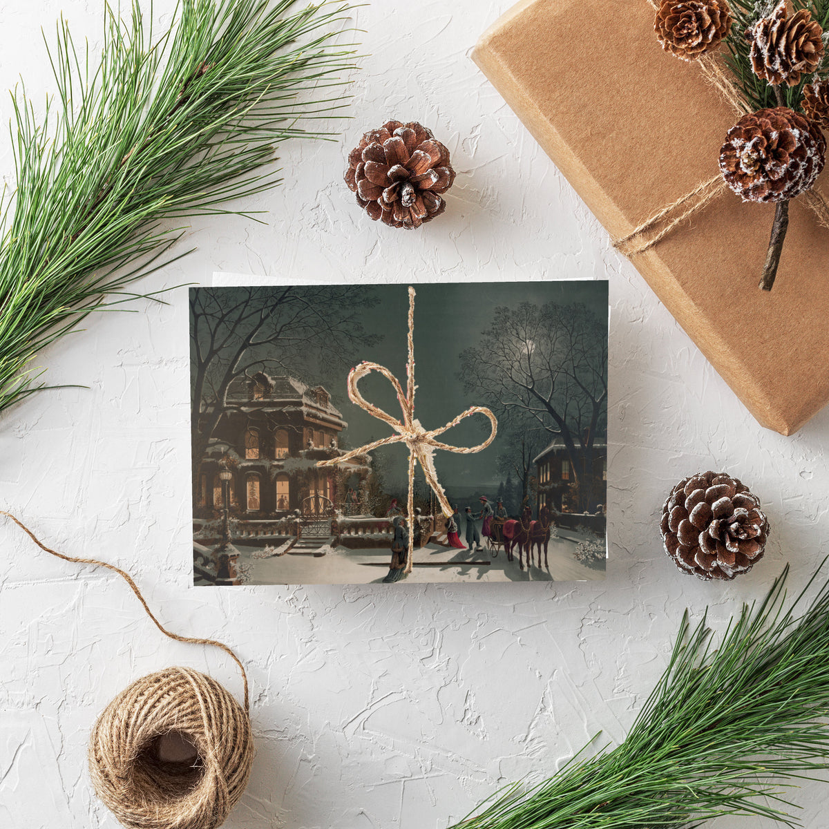 Single-design Christmas cards, quantity 24, depicting a snowy gas-lit street with horses, carriages, and figures.