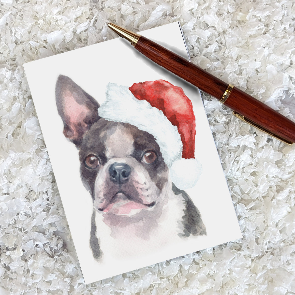 Boston Terrier shown chest-up in watercolor, wearing a red cone hat, repeated across 24 cards.