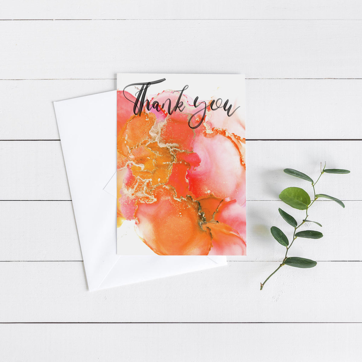 Hot pink, magenta, lavender, and amber fluid abstract pattern with black brush-style "Thank you" lettering.