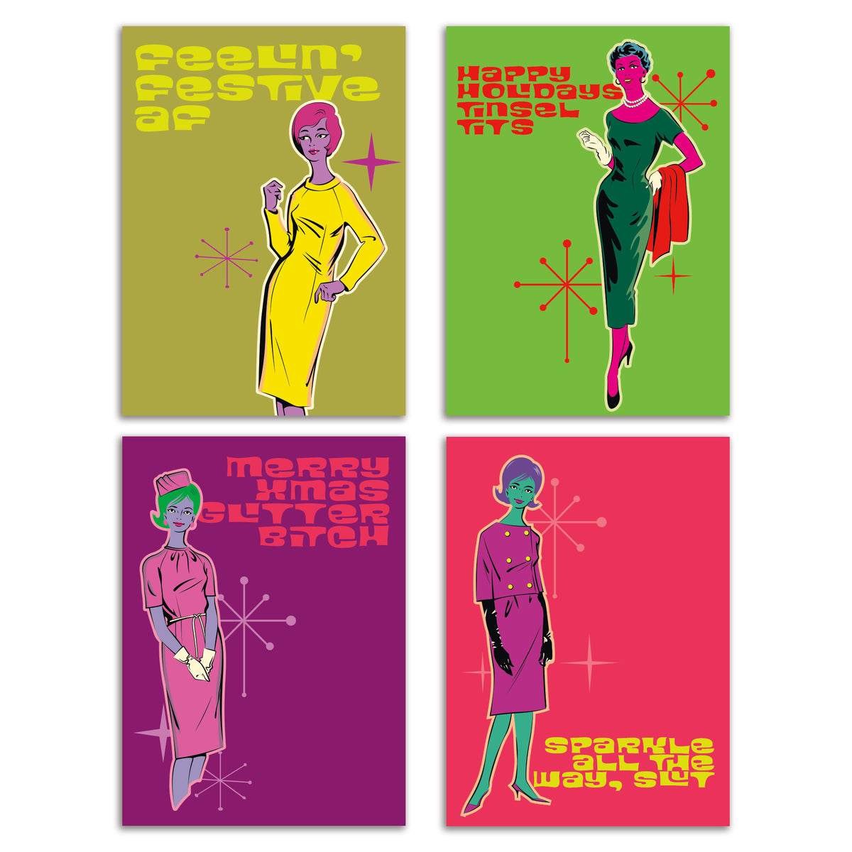 Femme Fatale Retro 60s Christmas Greeting Cards, Set of 24