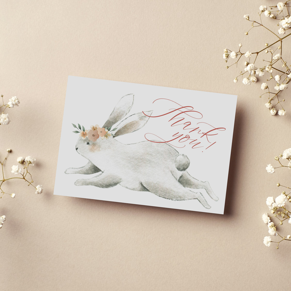 Floral crown bunny thank you notecard in beige, blush, and muted green tones, pack of 24.