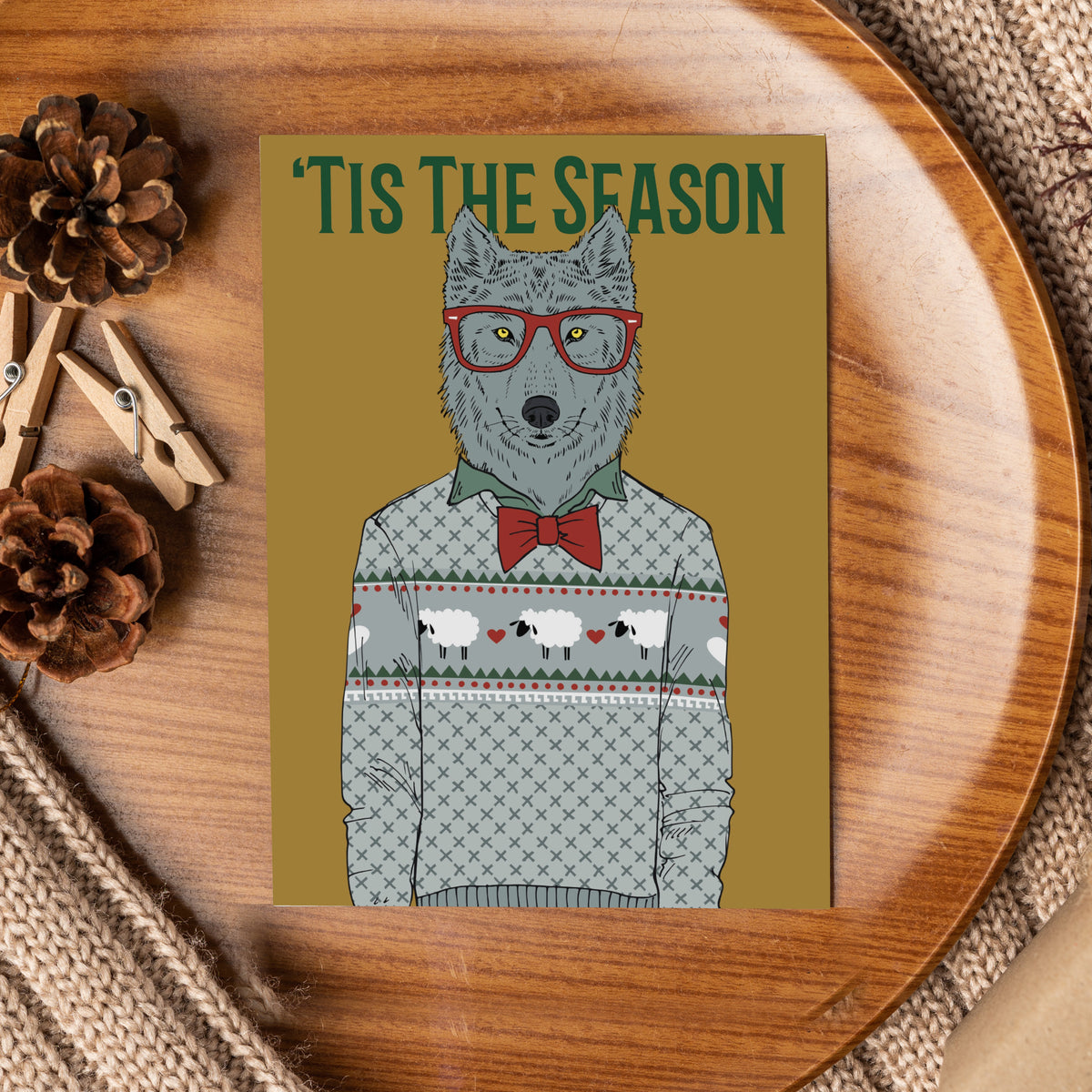 Six-design Christmas card assortment, 24 cards total, illustrated animals in knit cardigans with envelopes.