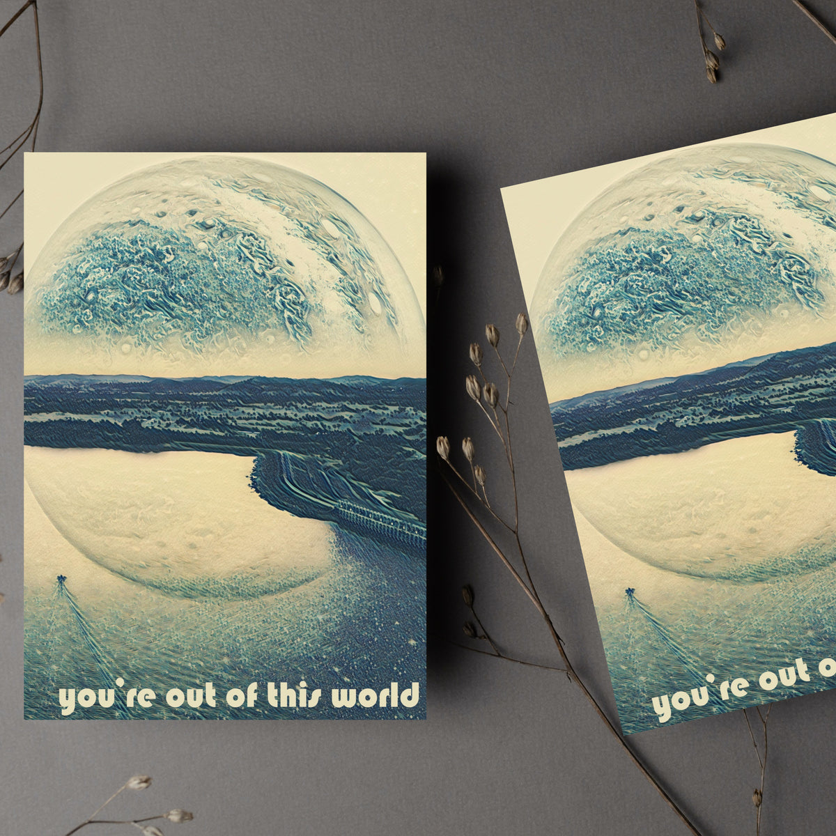 Portrait card showing a large rippled planet in gray and blue tones above a dark coastal landscape with a small human figure.
