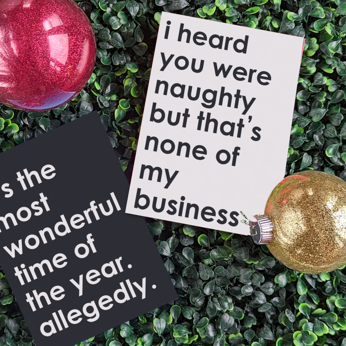 Four-design holiday card set, 6 cards per design, text-only layout with left-aligned bold sans-serif type.