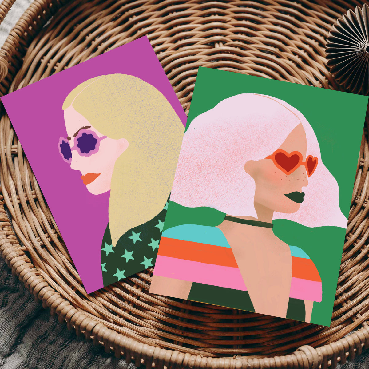 Card set with four designs: coral, magenta, cobalt blue, and kelly green background colorways.
