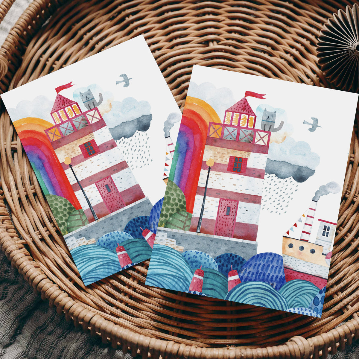 Set of 24 identical cards depicting a coastal scene with teal, blue, and purple rolling wave forms.
