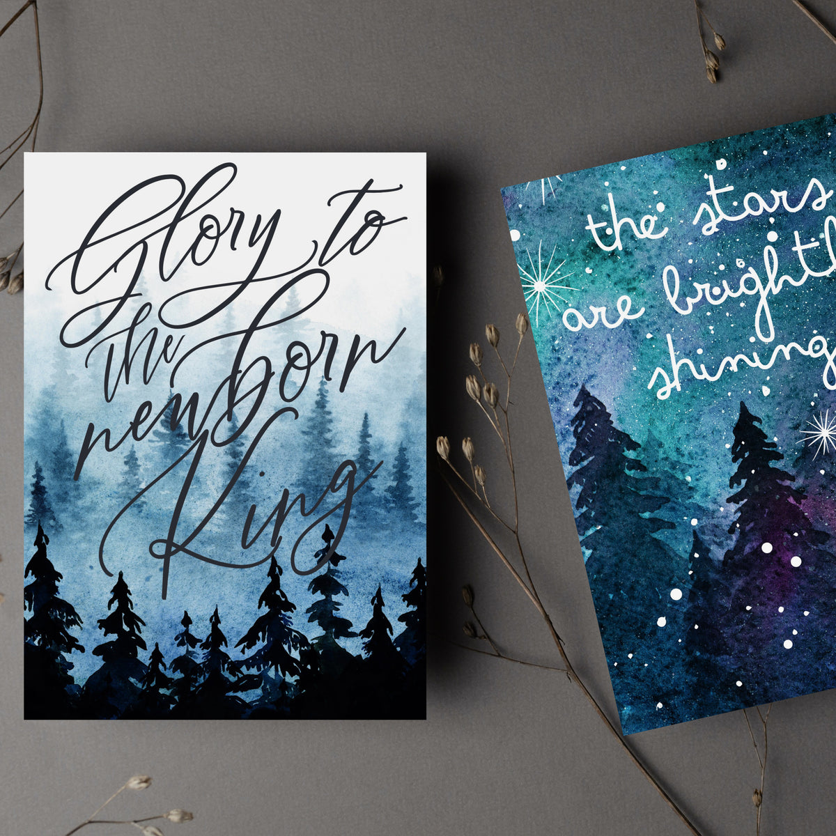 Christmas carol lyric cards, 24 count, with full-bleed watercolor backgrounds and script text on each design.
