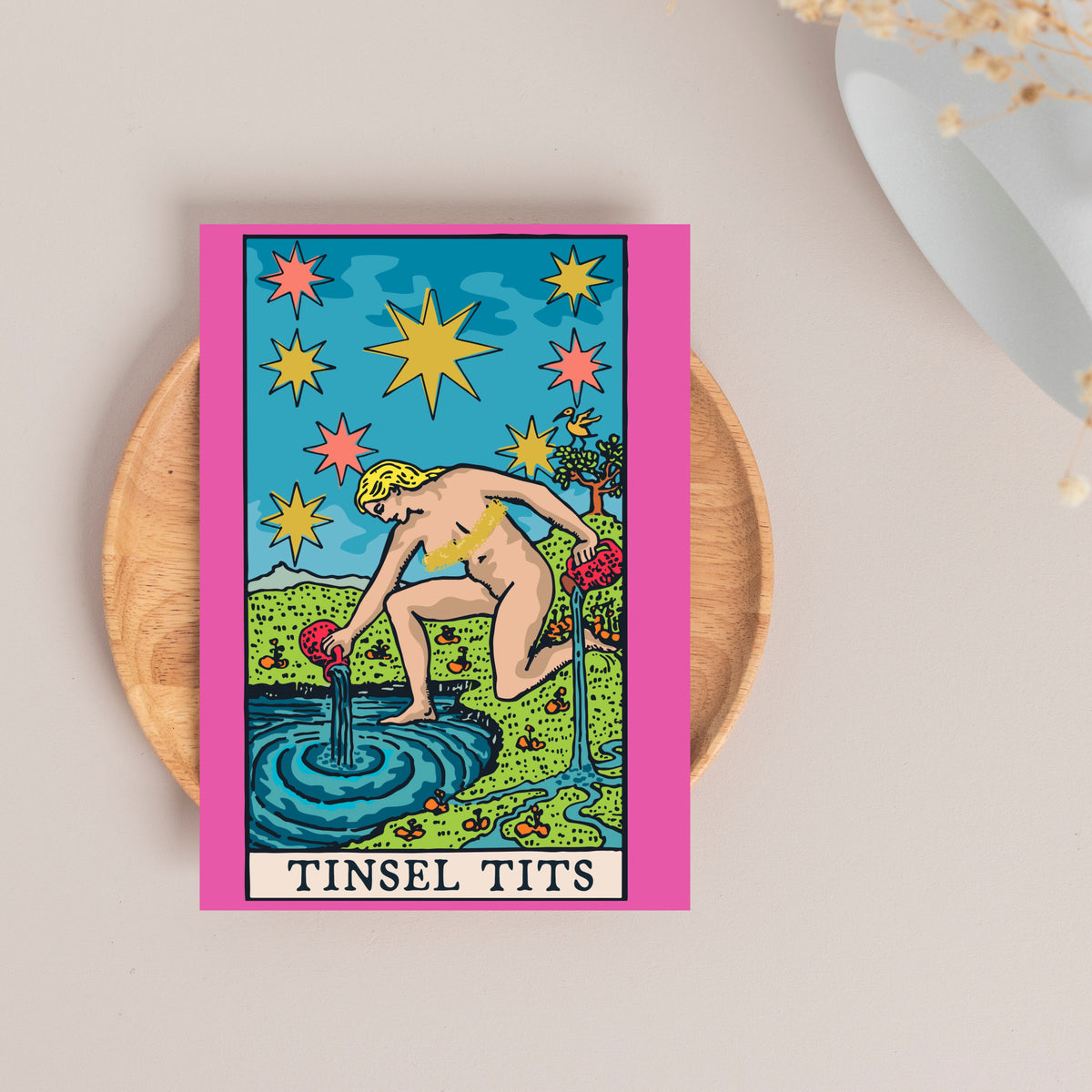 Tarot-style Christmas cards with cross-hatched line illustrations, colored borders, and uppercase serif banner text.