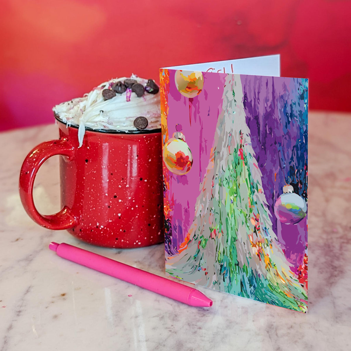Pack of 24 cards, each showing a single centered brushstroke tree on a colorful striped ground.