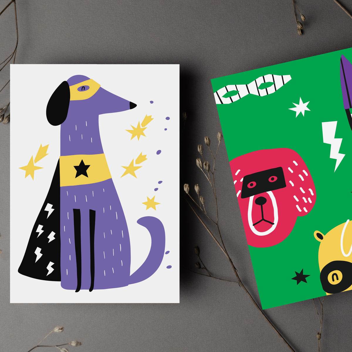 Illustrated animal superhero cards with graphic accents in bright green, yellow, purple, red, black, and white.