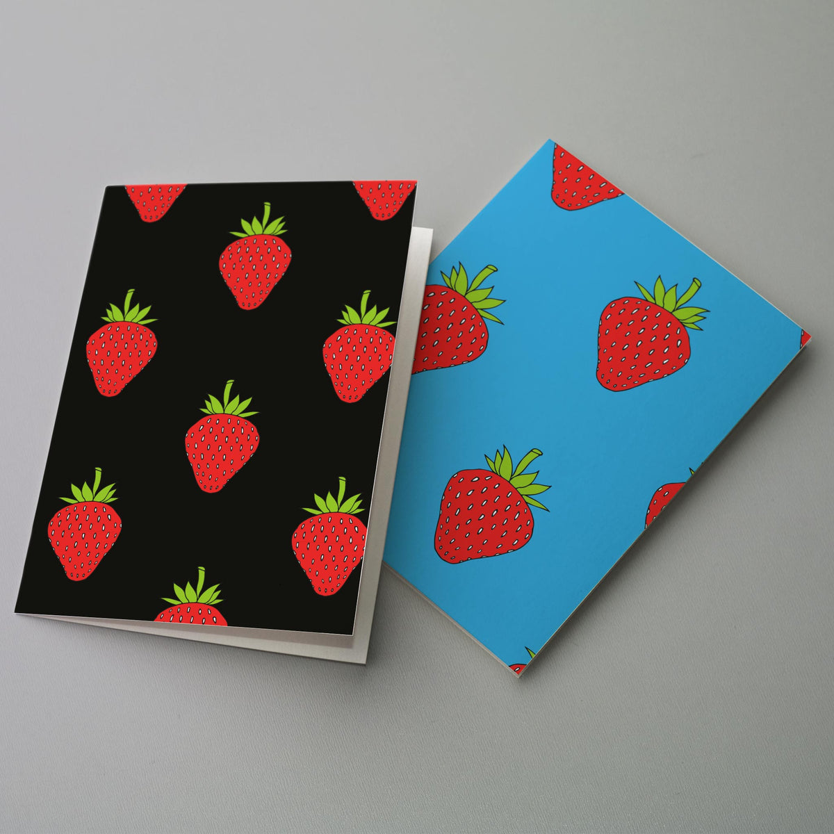 Notecard set with hand-drawn-style strawberry repeat pattern.