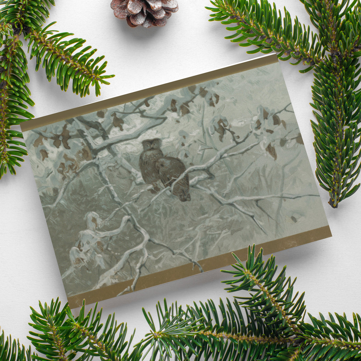 Winter wildlife card set with painterly chromolithograph-style artwork across four designs, 24 cards total.