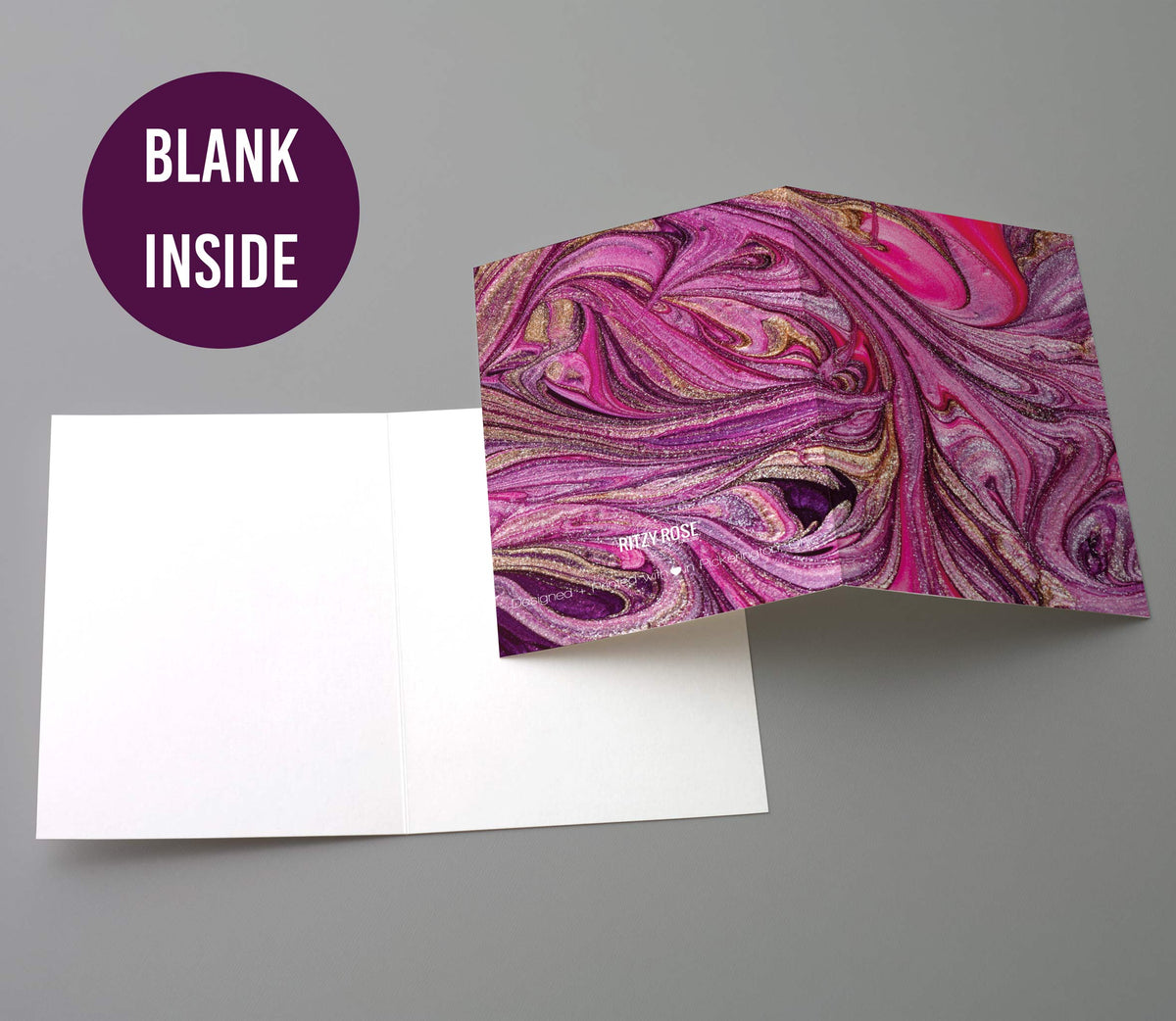Set of 24 notecards with organic marbled swirl artwork across card fronts.