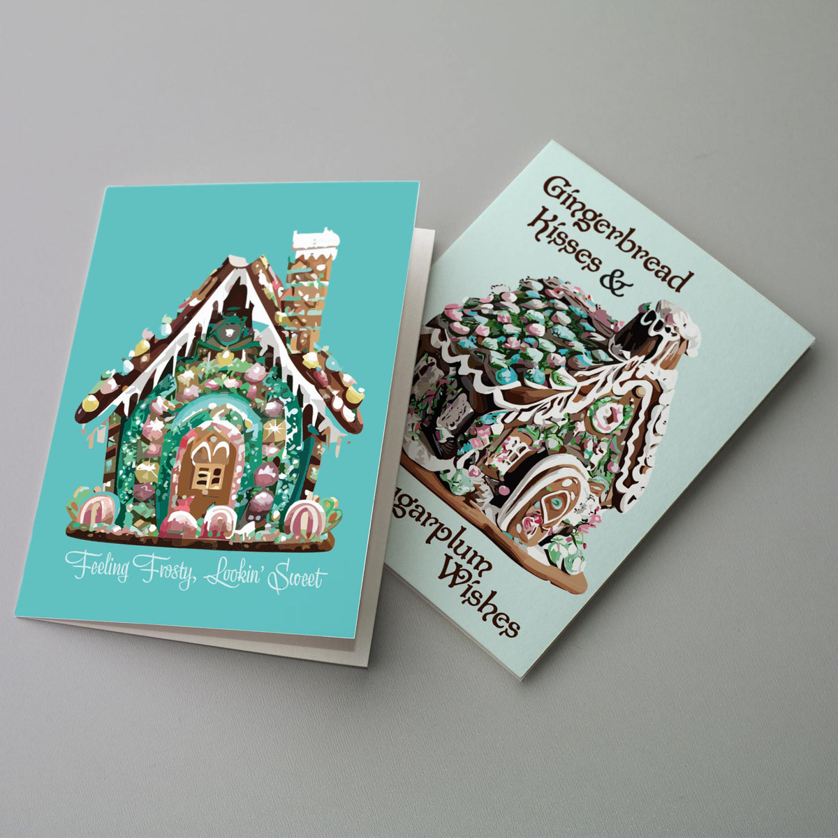 Retro Blue Gingerbread House Christmas Cards, Set of 24