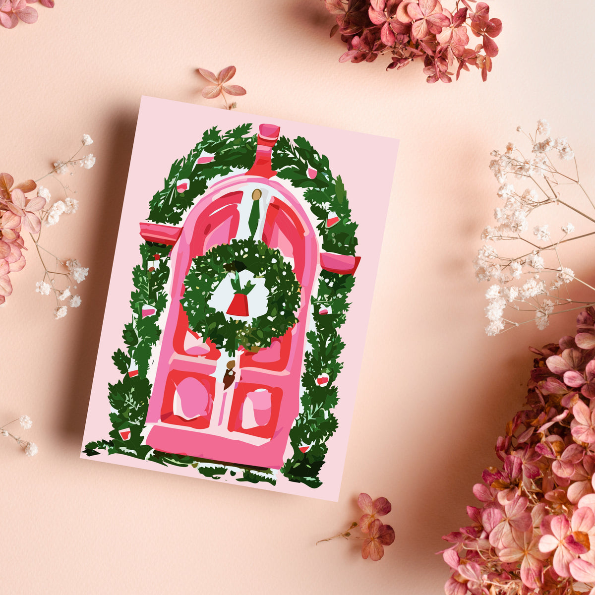 Four-design Christmas card set, 24 cards total, pink doors decorated with green garland and ornaments, no text.
