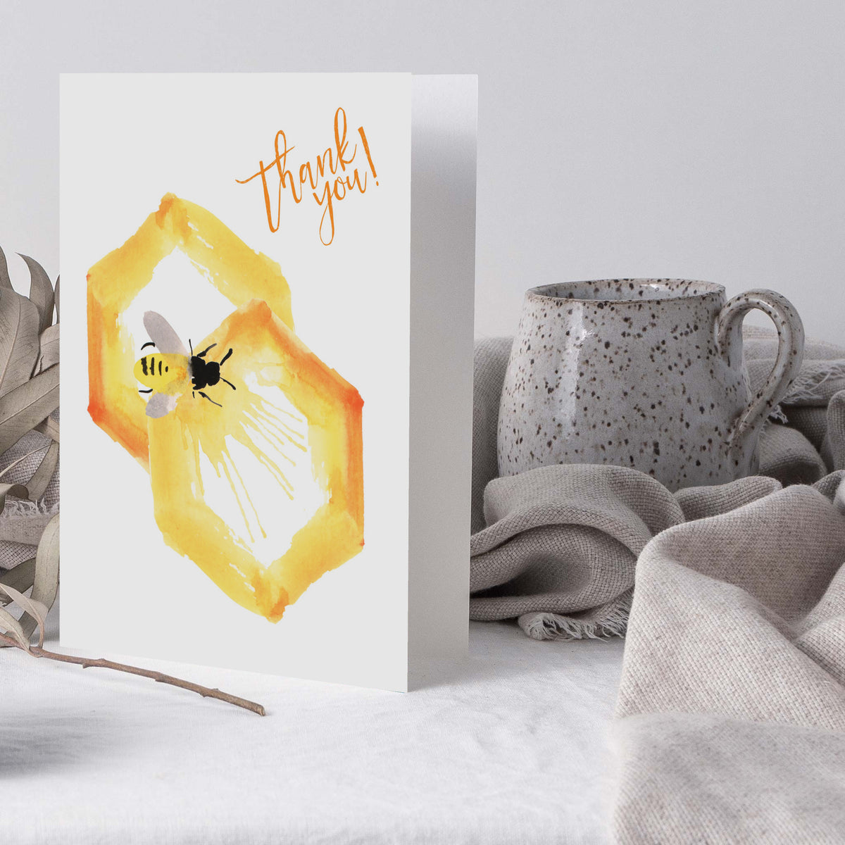 Thank you cards with handwritten script and watercolor bee graphic, 24-card stationery set.