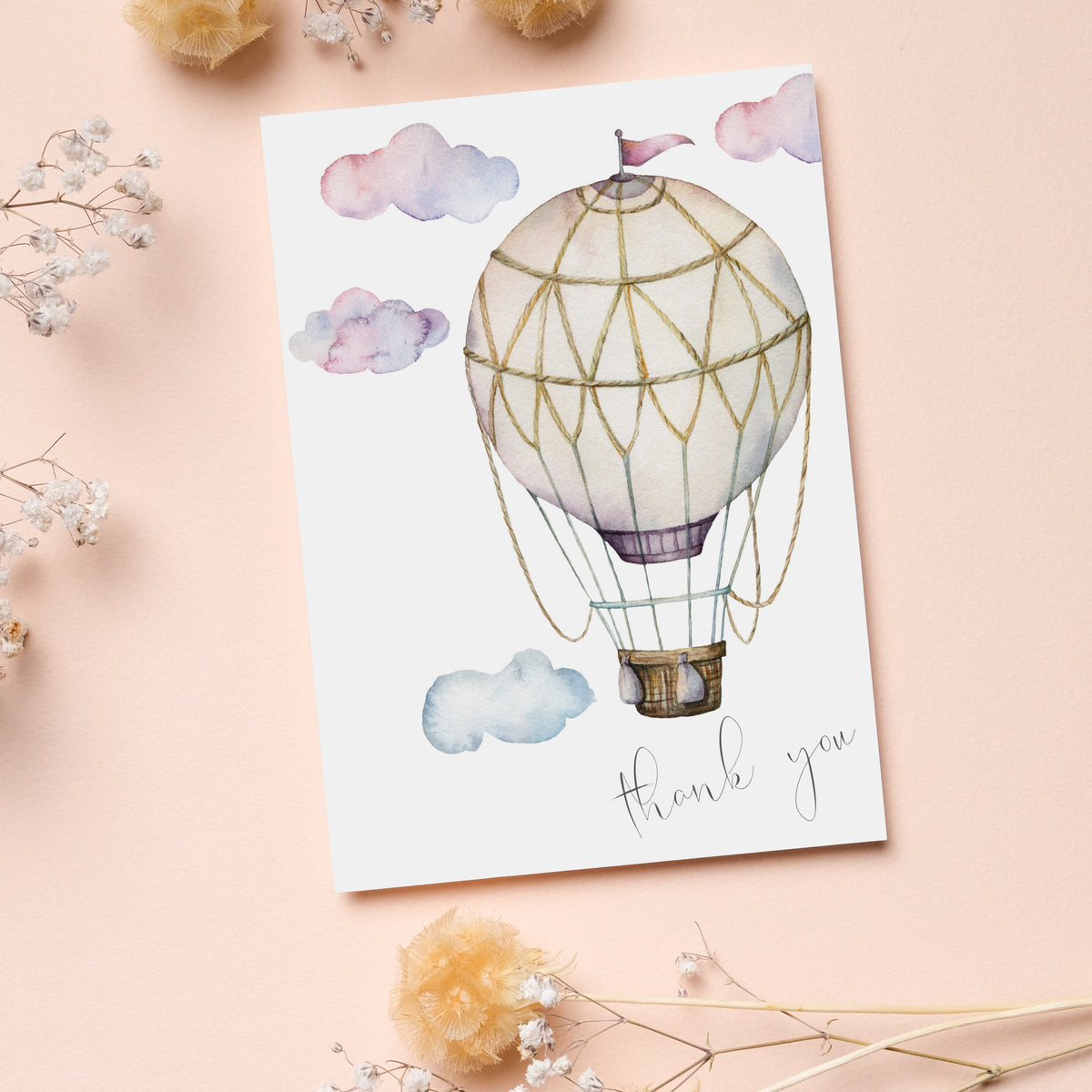 Boxed thank you card set, 24 cards, with central balloon graphic and lowercase script lettering.
