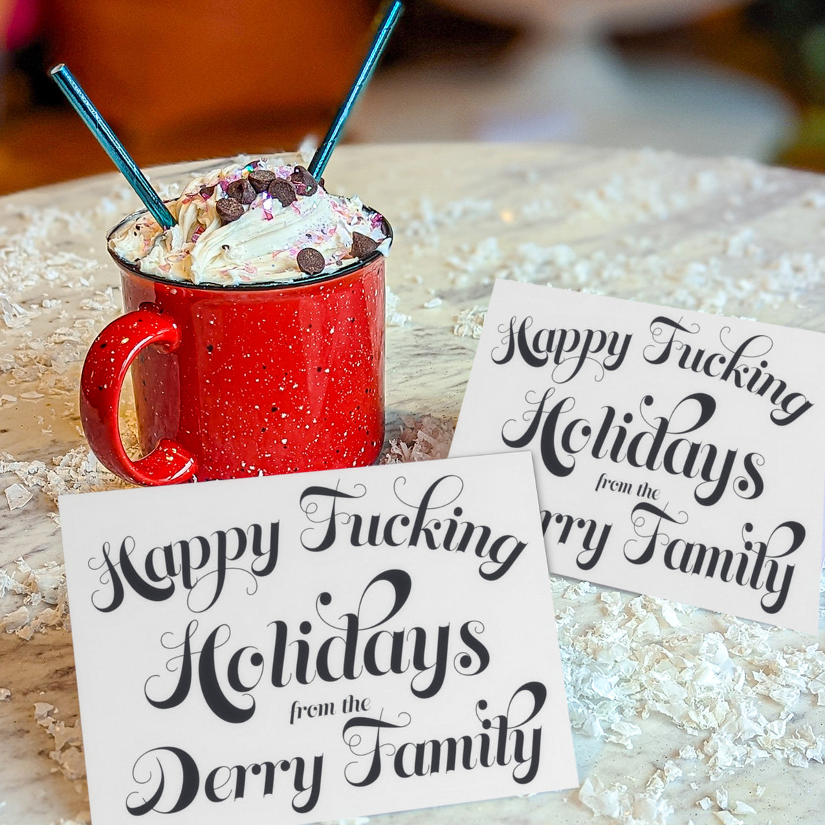 Card set, one design: "Happy Fucking Holidays from the [Surname] Family," black high-contrast script on white.