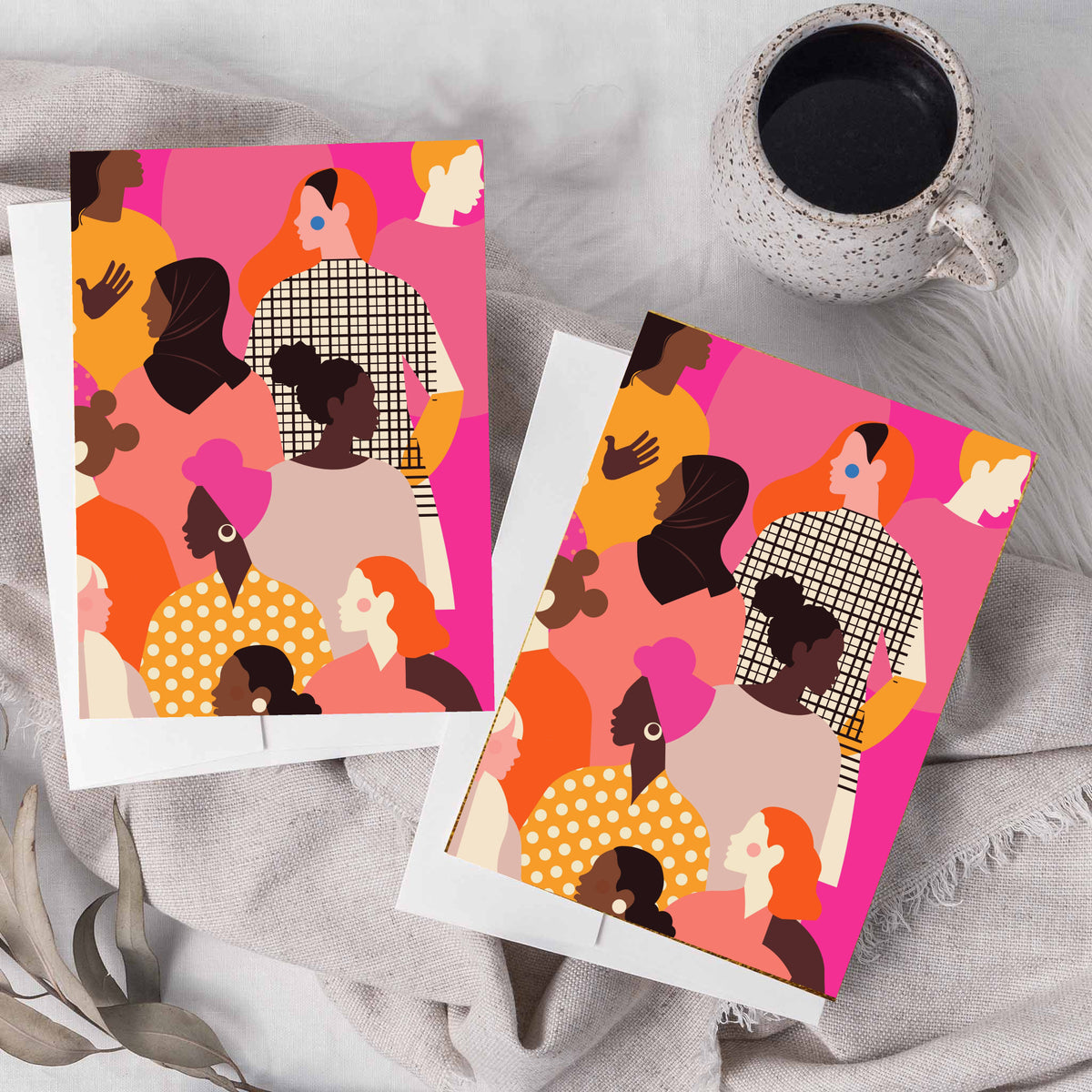 Cards depicting overlapping women in a full-bleed hot pink illustration with no printed text.